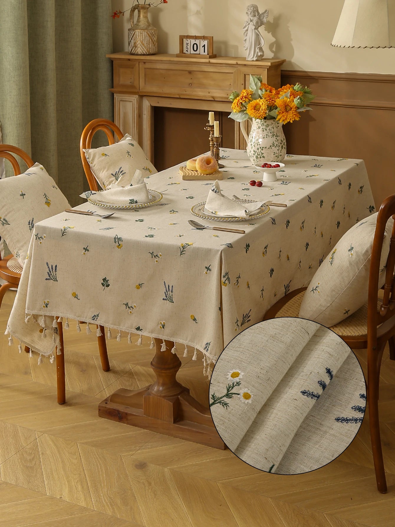 Linen Tablecloth with Embroidered Ear of Wheat for Kitchen Living Room Dining Table Festive Gathering Table Decor