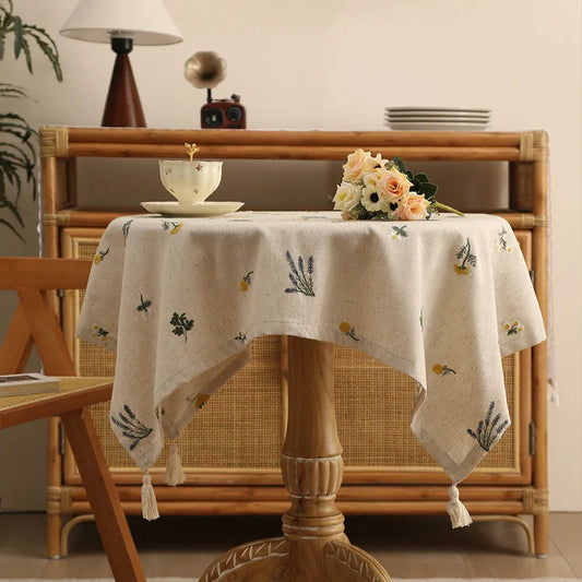 Linen Tablecloth with Embroidered Ear of Wheat for Kitchen Living Room Dining Table Festive Gathering Table Decor