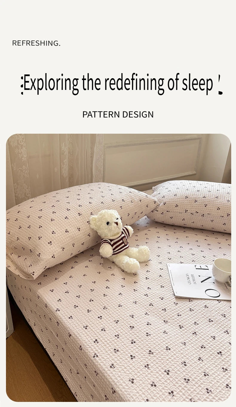 3PCS Waffle Floral Bed Sheets Set Cotton Fitted Sheet Non Slip Bedspread Mattress Cover Double Bed Sheet Christmas Gift Decor