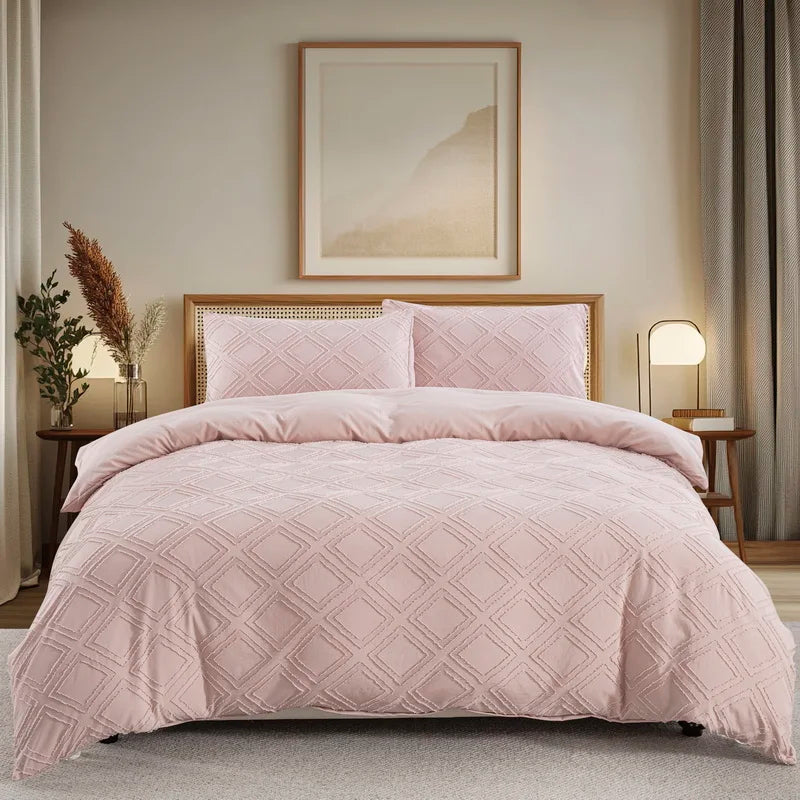 Beige Duvet Cover Full/Queen Size, Boho Tufted Microfiber Bedding Set for All Seasons, Embroidery Shabby Chic Comforter Cover