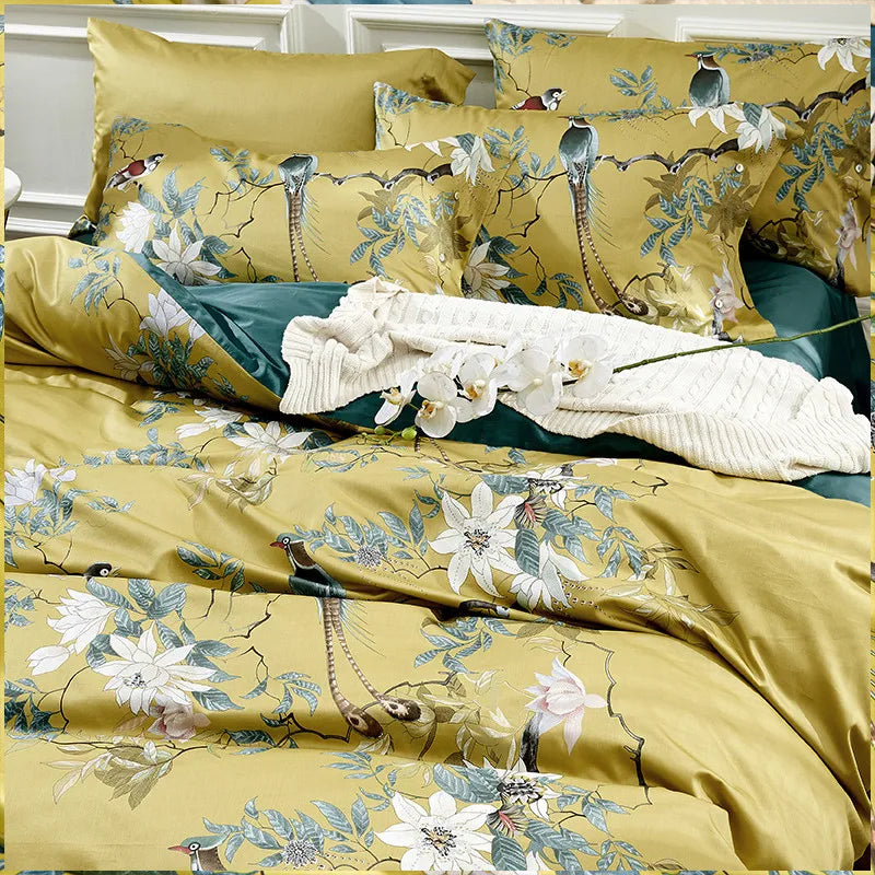 Luxury 600TC Egyptian Cotton Bedding Set, Bird Plant Flowers, Digital Printing, Duvet Cover, Bed Linen, Fitted Sheet, Pillowcase