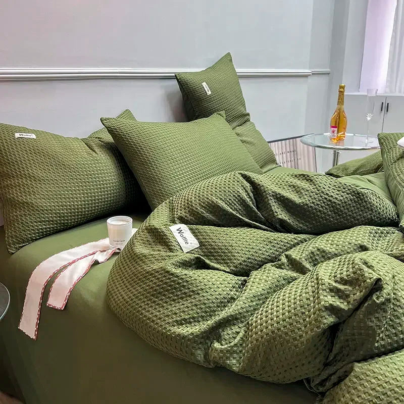 Bedding Set Cotton Waffle Olive Green Quilt Cover Bed Sheet