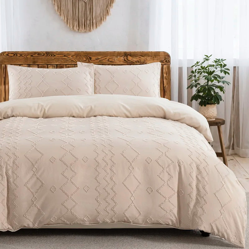 Beige Duvet Cover, Boho Tufted Microfiber Bedding Set.