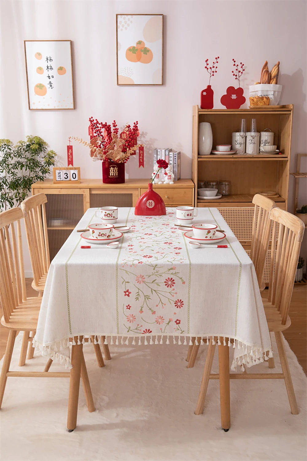 Rustic Embroidery Tablecloths Cotton Linen Coffee Leaves Pattern Rectangle Waterproof Table Covers for Kitchen Living Room Decor