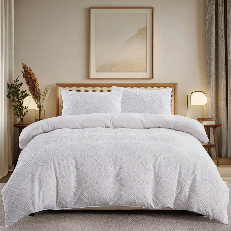 Beige Duvet Cover, Boho Tufted Microfiber Bedding Set.