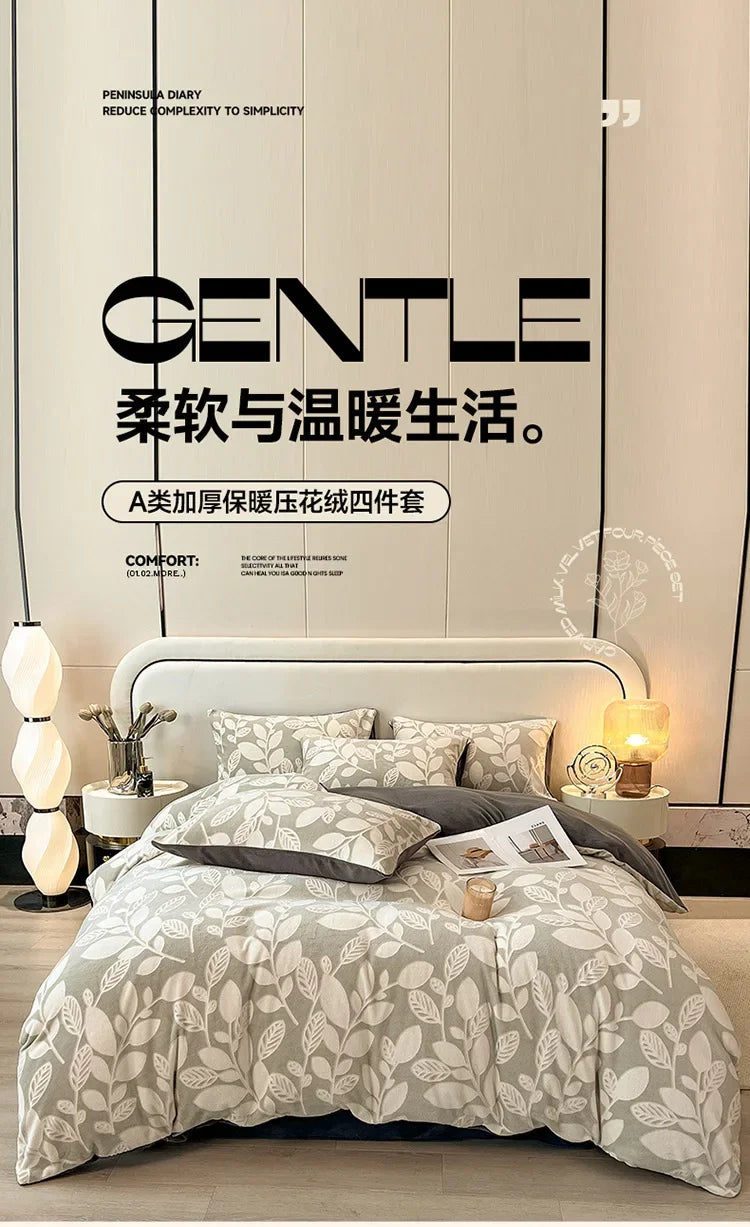 Four-piece Set Autumn and Winter Carved Coral Fleece Warm Quilt Cover Bedding