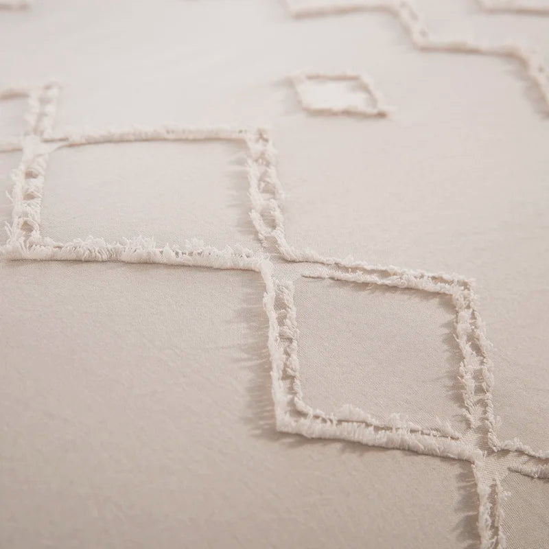 Beige Duvet Cover Full/Queen Size, Boho Tufted Microfiber Bedding Set for All Seasons, Embroidery Shabby Chic Comforter Cover