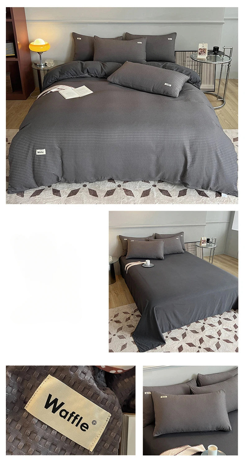 Bedding Set Cotton Waffle Olive Green Quilt Cover Bed Sheet