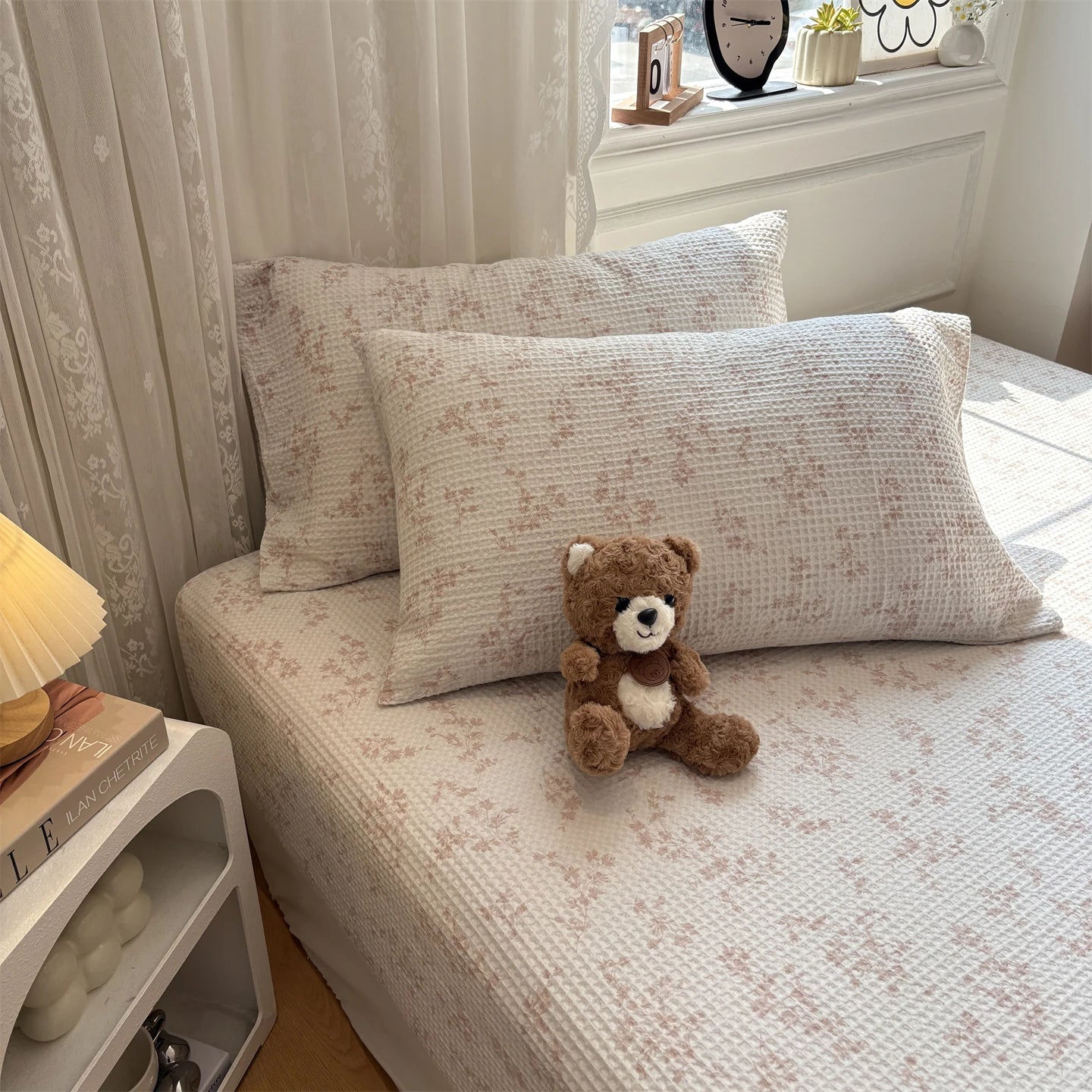 3PCS Waffle Floral Bed Sheets Set Cotton Fitted Sheet Non Slip Bedspread Mattress Cover Double Bed Sheet Christmas Gift Decor