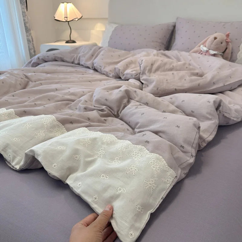 French Cotton Muslin Bedding Set Washed Double Layer Duvet Cover Bed Linen Summer Breathable Sheets Cozy Skin Friendly