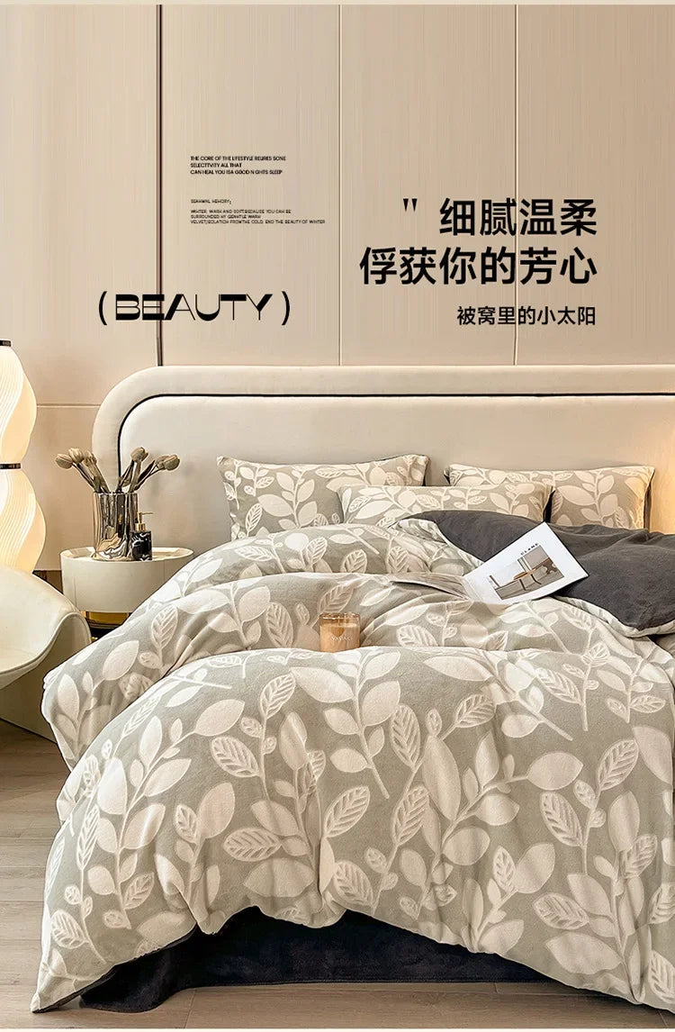 Four-piece Set Autumn and Winter Carved Coral Fleece Warm Quilt Cover Bedding