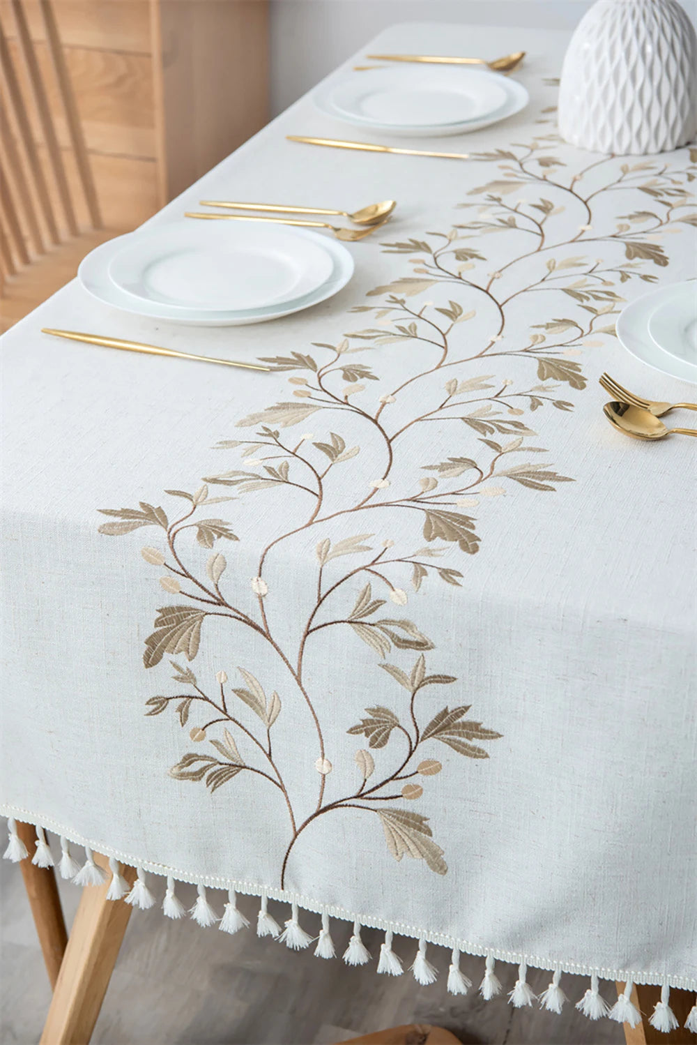 Rustic Embroidery Tablecloths Cotton Linen Coffee Leaves Pattern Rectangle Waterproof Table Covers for Kitchen Living Room Decor