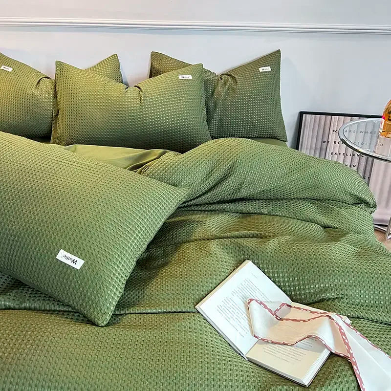 Bedding Set Cotton Waffle Olive Green Quilt Cover Bed Sheet