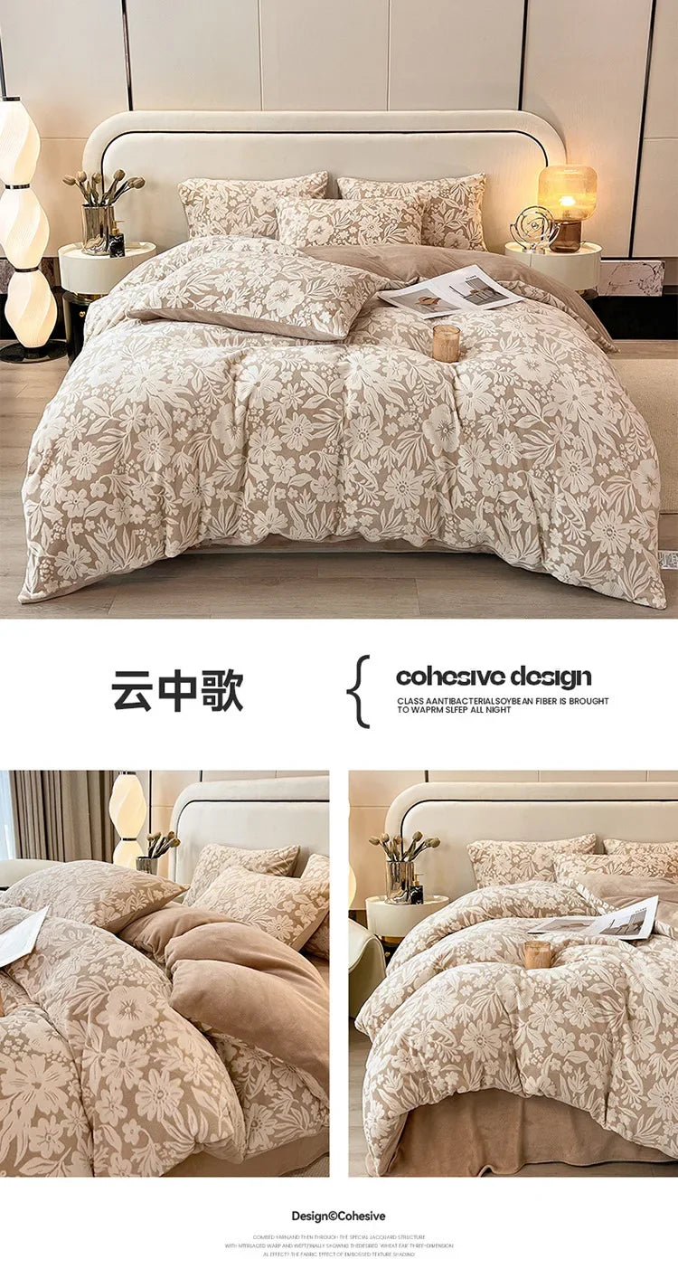 Four-piece Set Autumn and Winter Carved Coral Fleece Warm Quilt Cover Bedding