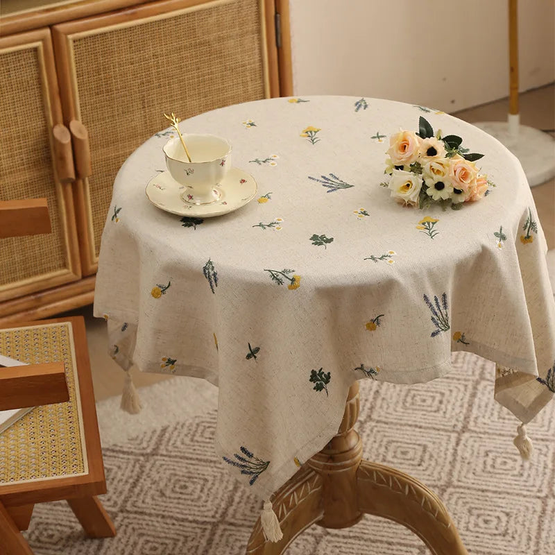 Linen Tablecloth with Embroidered Ear of Wheat  for Kitchen Living Room Dining Table Festive Gathering Table Decor