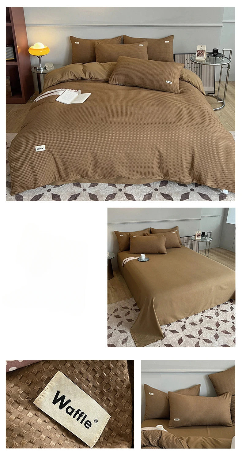 Bedding Set Cotton Waffle Olive Green Quilt Cover Bed Sheet