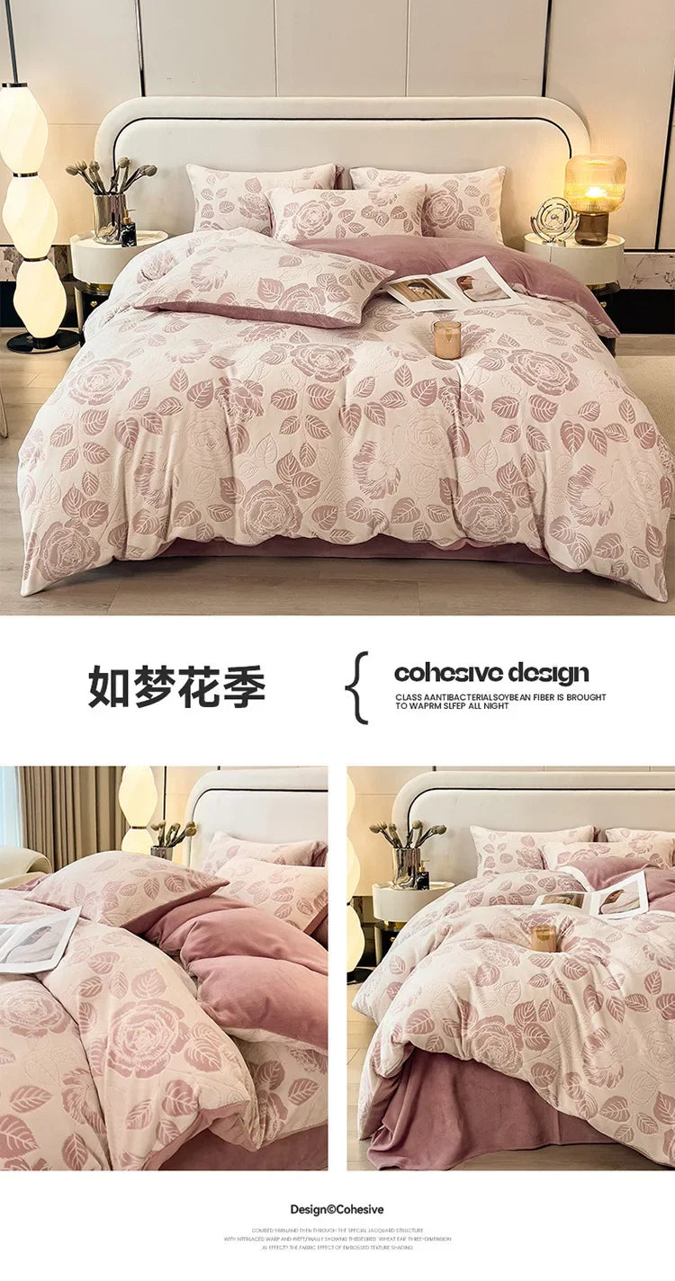 Four-piece Set Autumn and Winter Carved Coral Fleece Warm Quilt Cover Bedding