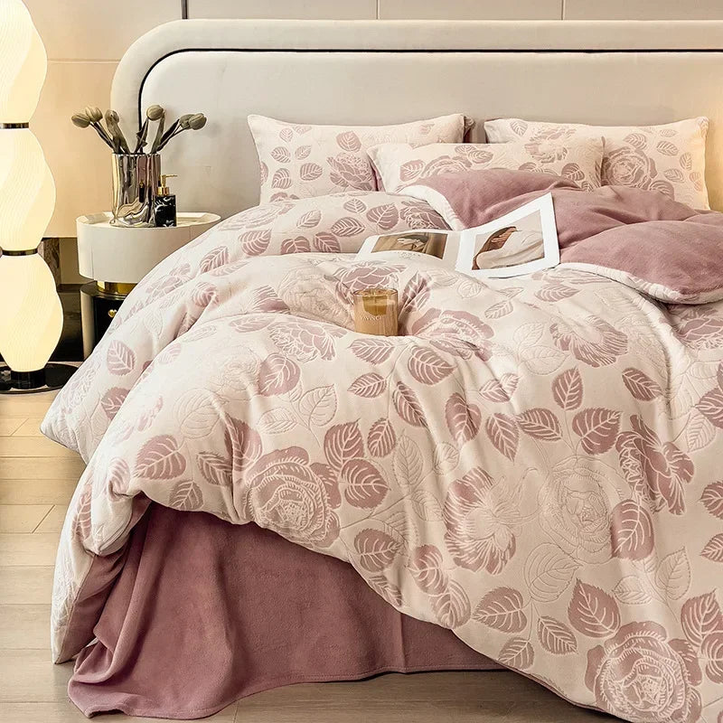 Four-piece Set Autumn and Winter Carved Coral Fleece Warm Quilt Cover Bedding