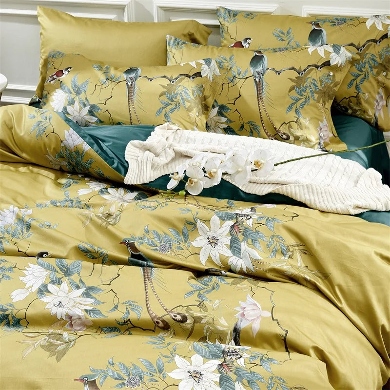 Luxury 600TC Egyptian Cotton Bedding Set, Bird Plant Flowers, Digital Printing, Duvet Cover, Bed Linen, Fitted Sheet, Pillowcase