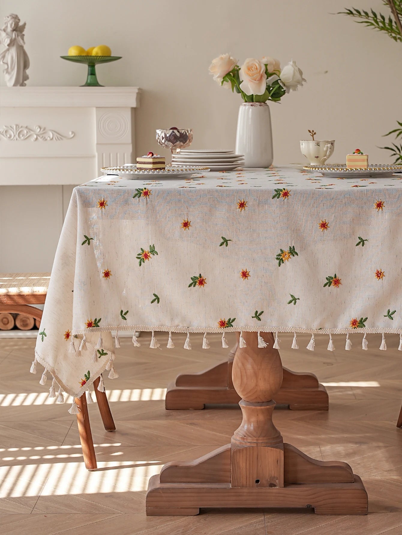 Yellow Daisy Embroidery Tassel Tablecloth for Living Room Kitchen Dining Table Cover Cloth
