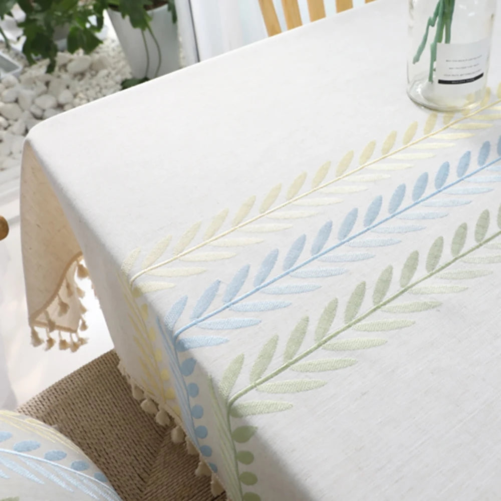 Rustic Embroidery Tablecloths Cotton Linen Coffee Leaves Pattern Rectangle Waterproof Table Covers for Kitchen Living Room Decor