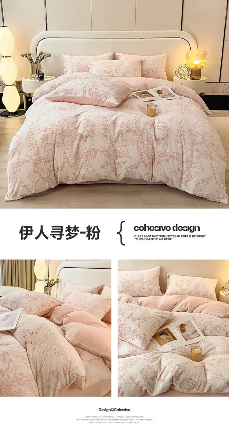 Four-piece Set Autumn and Winter Carved Coral Fleece Warm Quilt Cover Bedding