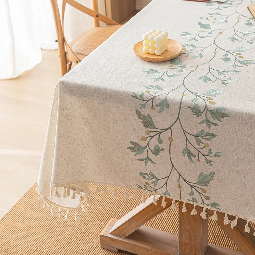 Rustic Embroidery Tablecloths Cotton Linen Coffee Leaves Pattern Rectangle Waterproof Table Covers for Kitchen Living Room Decor
