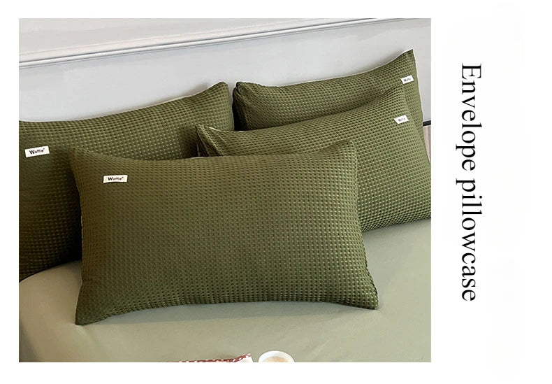 Bedding Set Cotton Waffle Olive Green Quilt Cover Bed Sheet