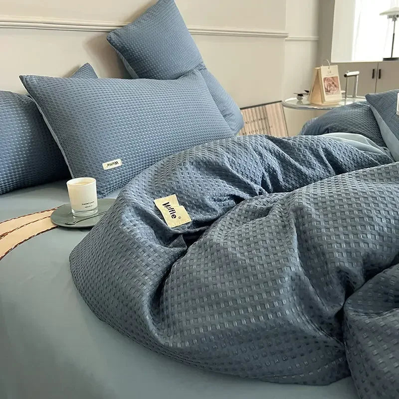 Bedding Set Cotton Waffle Olive Green Quilt Cover Bed Sheet