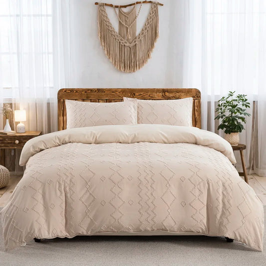 Beige Duvet Cover, Boho Tufted Microfiber Bedding Set.