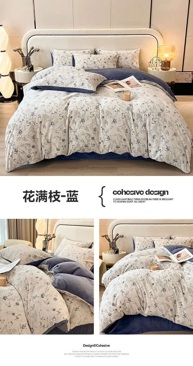 Four-piece Set Autumn and Winter Carved Coral Fleece Warm Quilt Cover Bedding