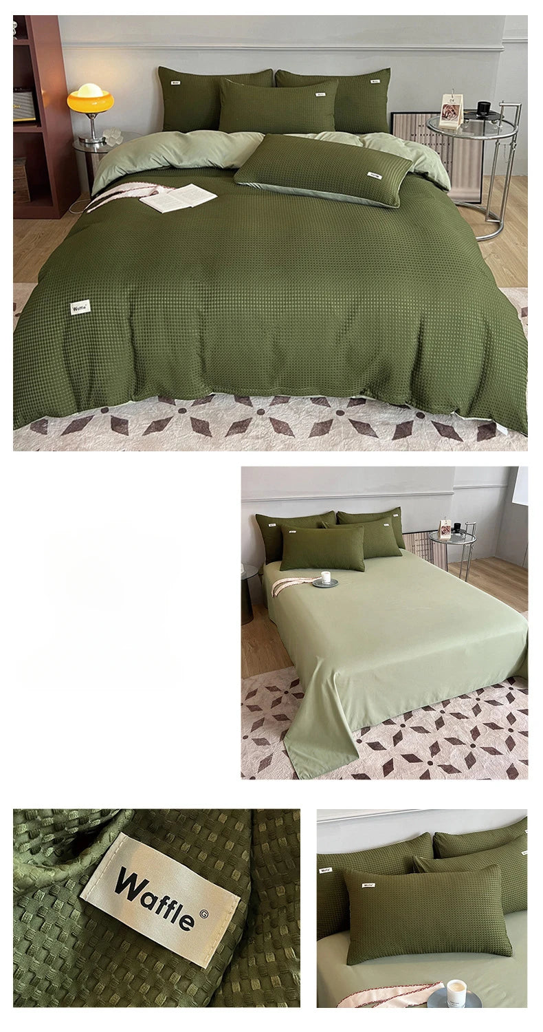 Bedding Set Cotton Waffle Olive Green Quilt Cover Bed Sheet
