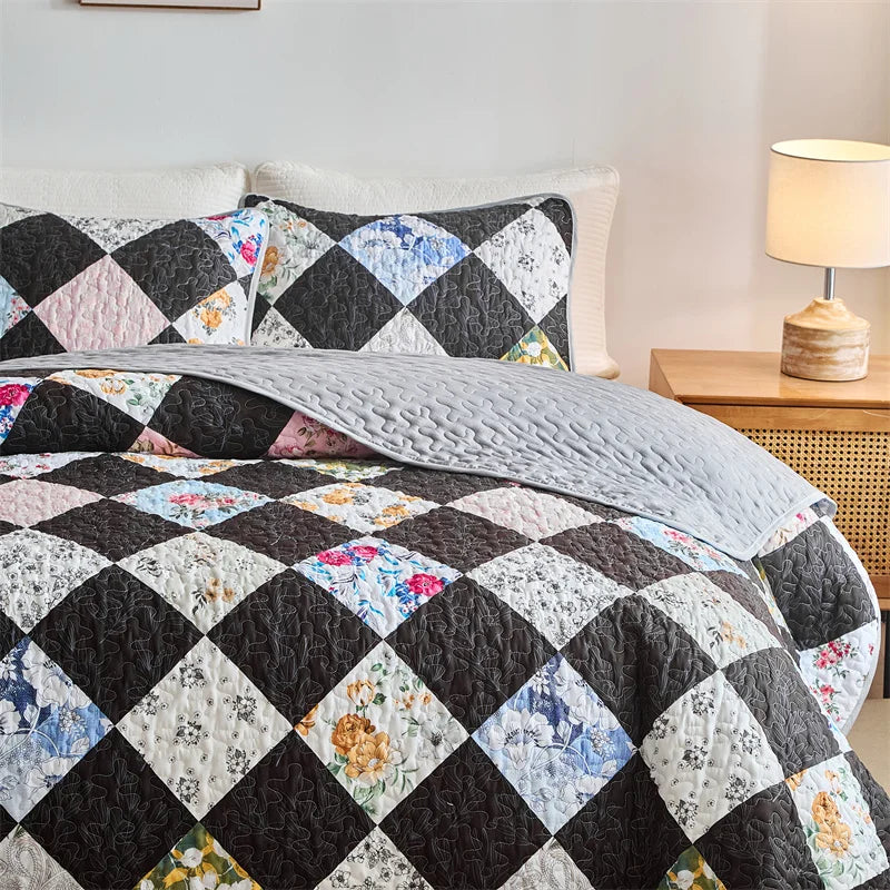 Quilted Bedspread Set,Soft Microfibe Bed Cover+Pillowcase,American Flower Patchwork,Mattress Topper Sheet King cama solteiro