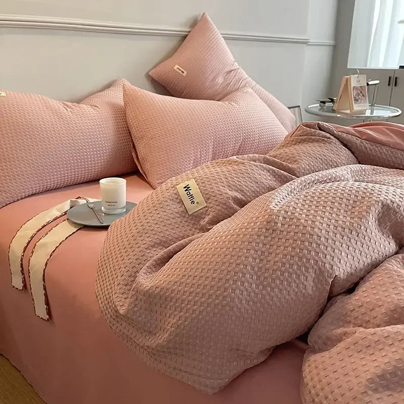 Bedding Set Cotton Waffle Olive Green Quilt Cover Bed Sheet