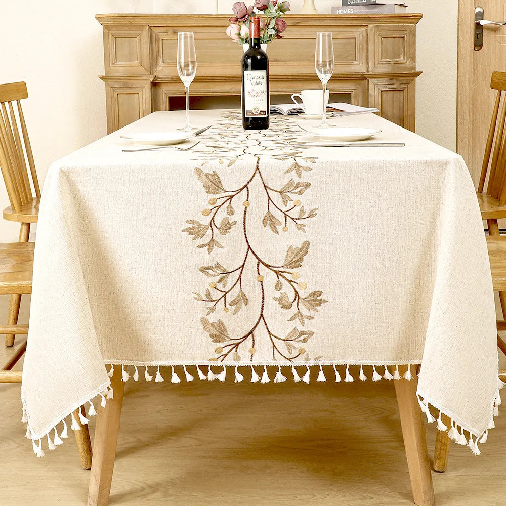 Rustic Embroidery Tablecloths Cotton Linen Coffee Leaves Pattern Rectangle Waterproof Table Covers for Kitchen Living Room Decor