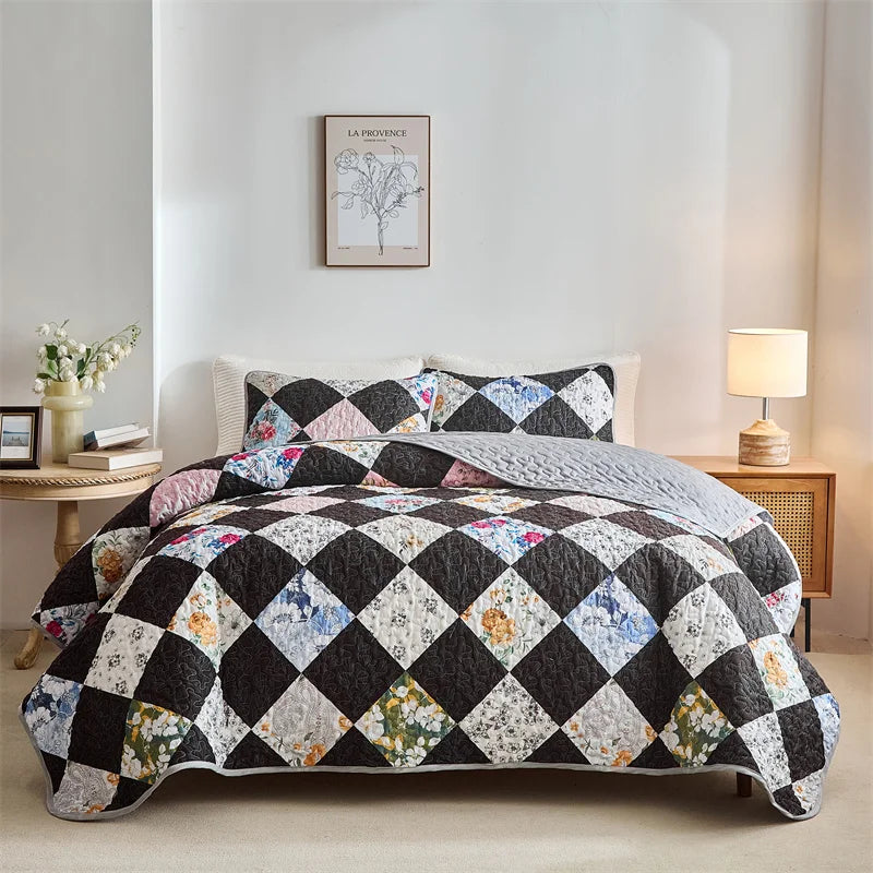 Quilted Bedspread Set,Soft Microfibe Bed Cover+Pillowcase,American Flower Patchwork,Mattress Topper Sheet King cama solteiro
