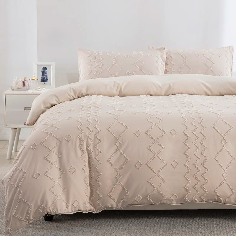 Beige Duvet Cover, Boho Tufted Microfiber Bedding Set.