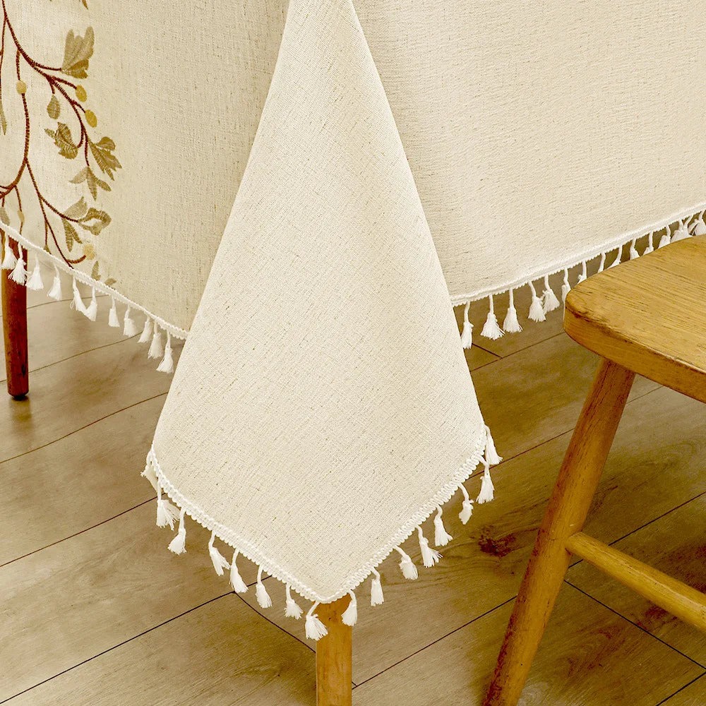 Rustic Embroidery Tablecloths Cotton Linen Coffee Leaves Pattern Rectangle Waterproof Table Covers for Kitchen Living Room Decor