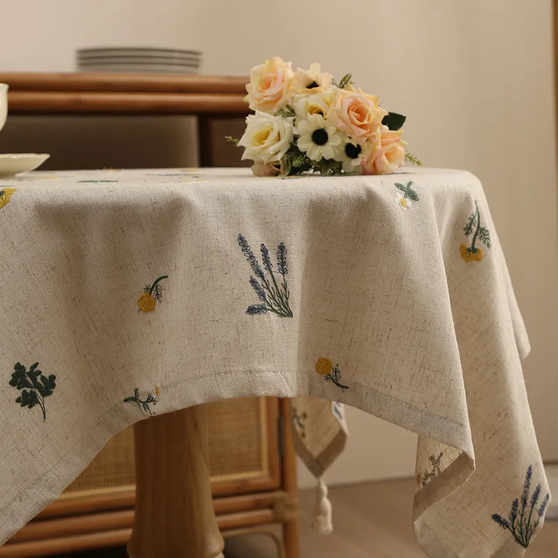 Linen Tablecloth with Embroidered Ear of Wheat  for Kitchen Living Room Dining Table Festive Gathering Table Decor