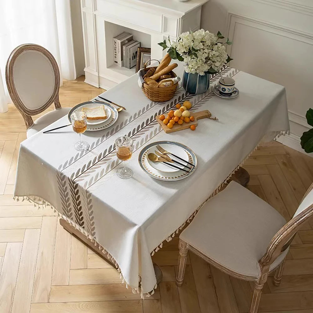 Rustic Embroidery Tablecloths Cotton Linen Coffee Leaves Pattern Rectangle Waterproof Table Covers for Kitchen Living Room Decor