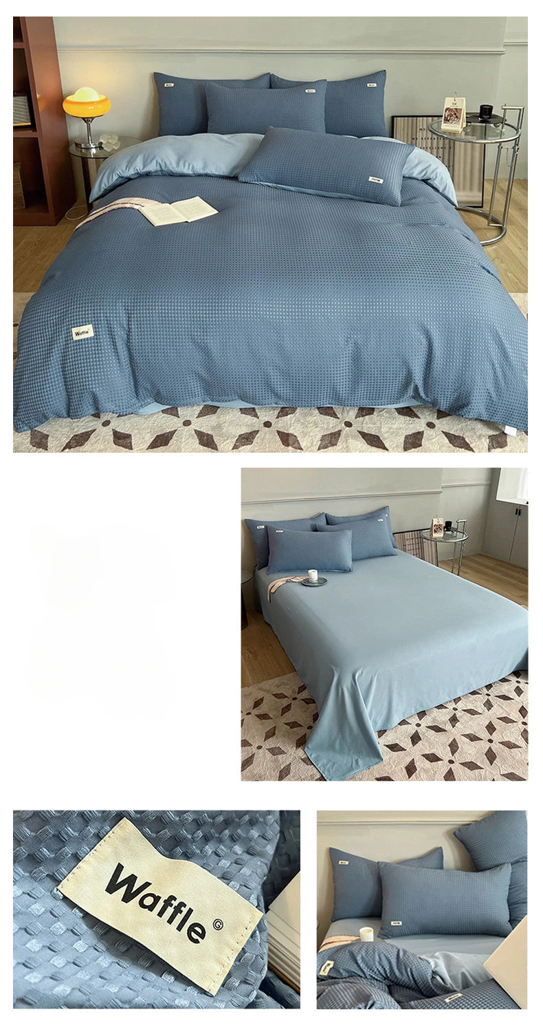 Bedding Set Cotton Waffle Olive Green Quilt Cover Bed Sheet