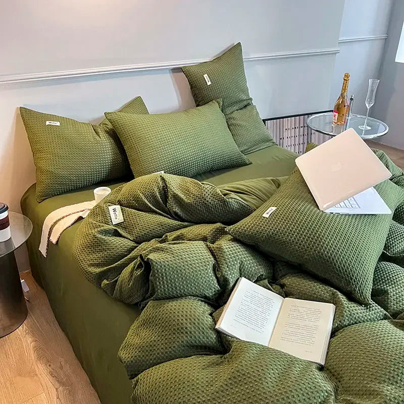 Bedding Set Cotton Waffle Olive Green Quilt Cover Bed Sheet