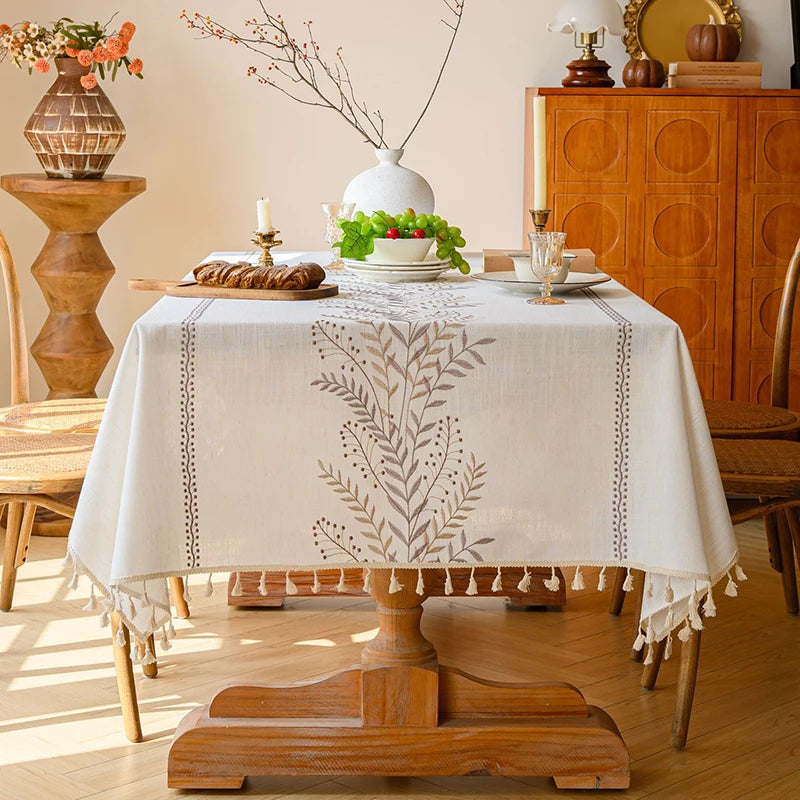 Rustic Embroidery Tablecloths Cotton Linen Coffee Leaves Pattern Rectangle Waterproof Table Covers for Kitchen Living Room Decor