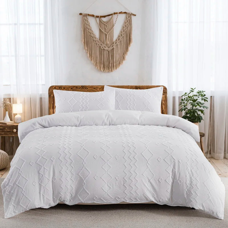 Beige Duvet Cover, Boho Tufted Microfiber Bedding Set.