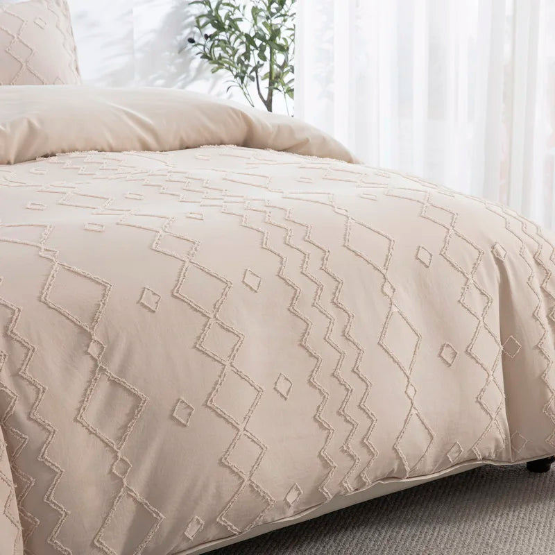 Beige Duvet Cover, Boho Tufted Microfiber Bedding Set.