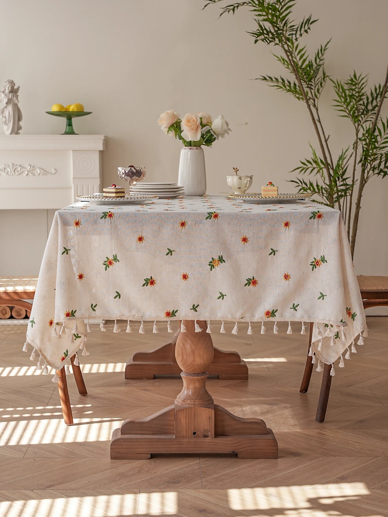 Yellow Daisy Embroidery Tassel Tablecloth for Living Room Kitchen Dining Table Cover Cloth