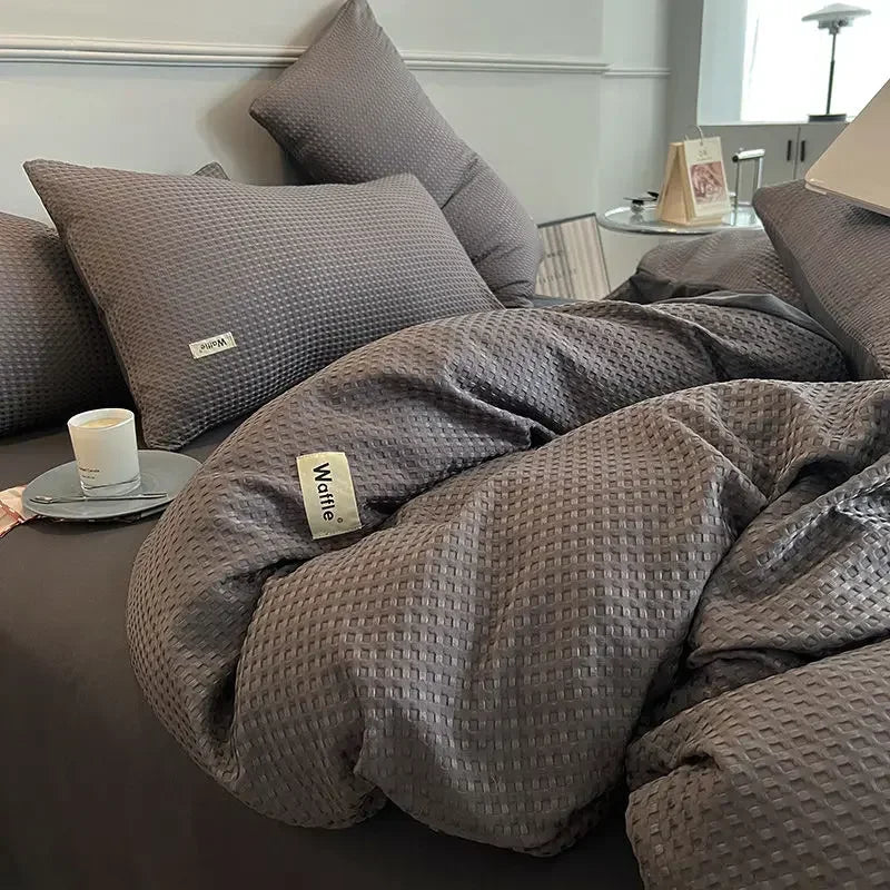 Bedding Set Cotton Waffle Olive Green Quilt Cover Bed Sheet