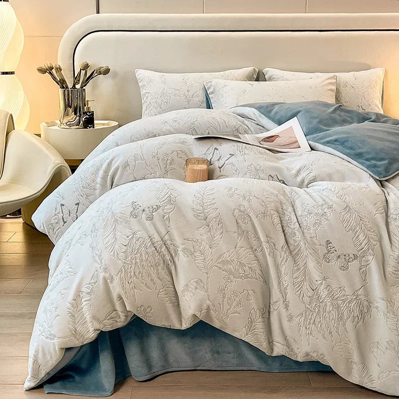 Four-piece Set Autumn and Winter Carved Coral Fleece Warm Quilt Cover Bedding