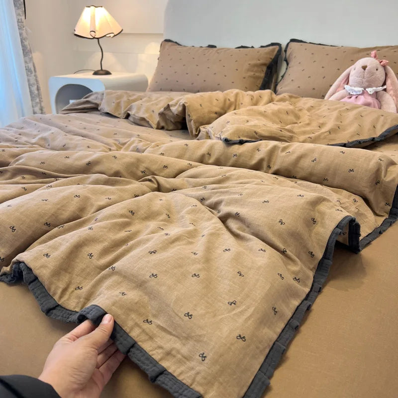 French Cotton Muslin Bedding Set Washed Double Layer Duvet Cover Bed Linen Summer Breathable Sheets Cozy Skin Friendly