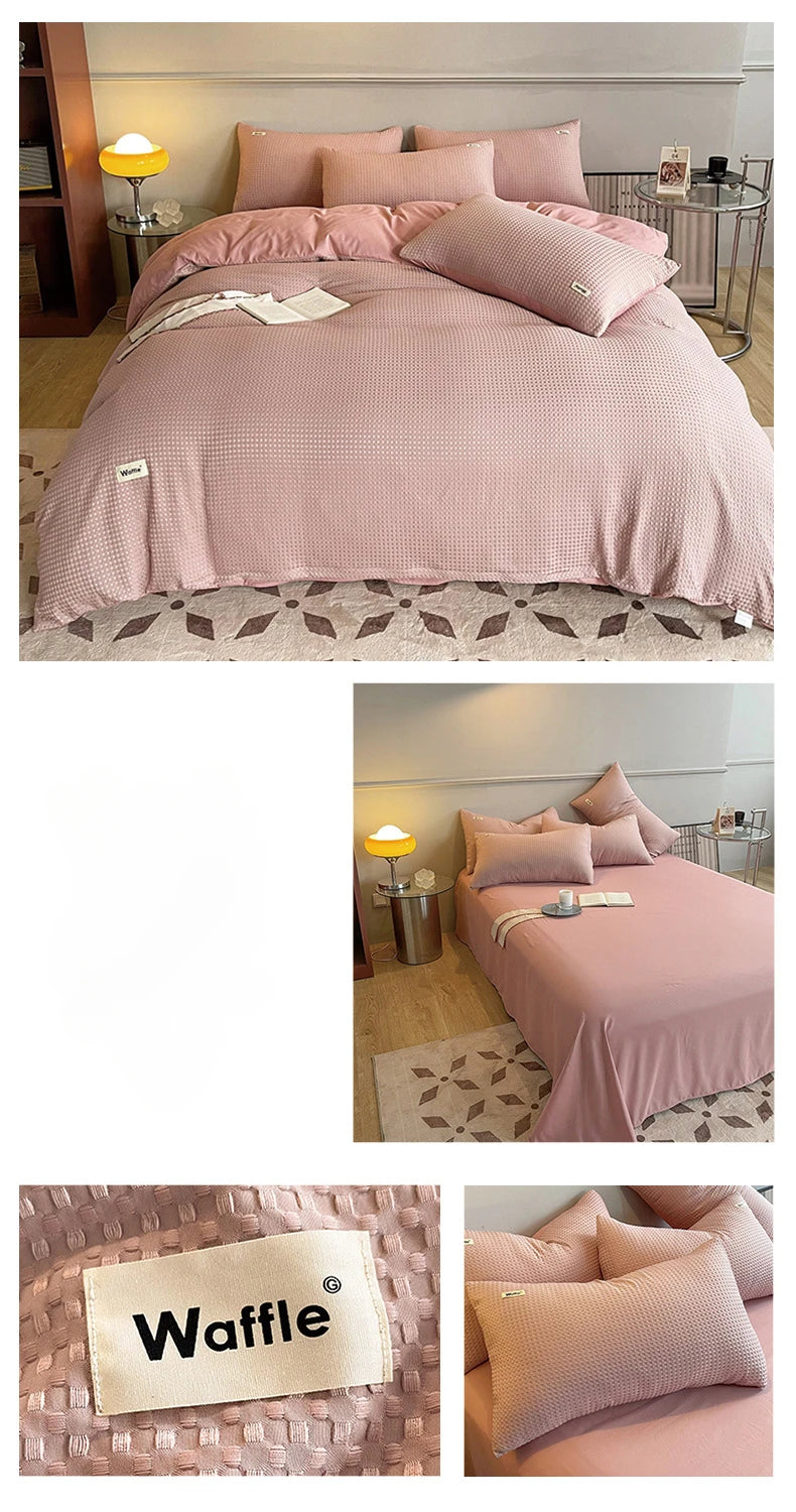 Bedding Set Cotton Waffle Olive Green Quilt Cover Bed Sheet